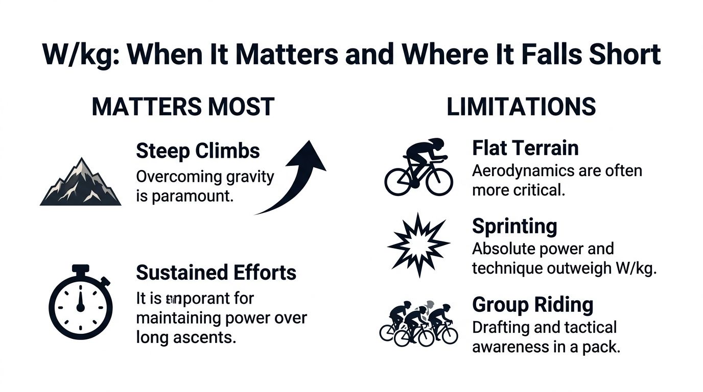 An infographic titled W/kg: When It Matters and Where It Falls Short, illustrating cycling performance factors.