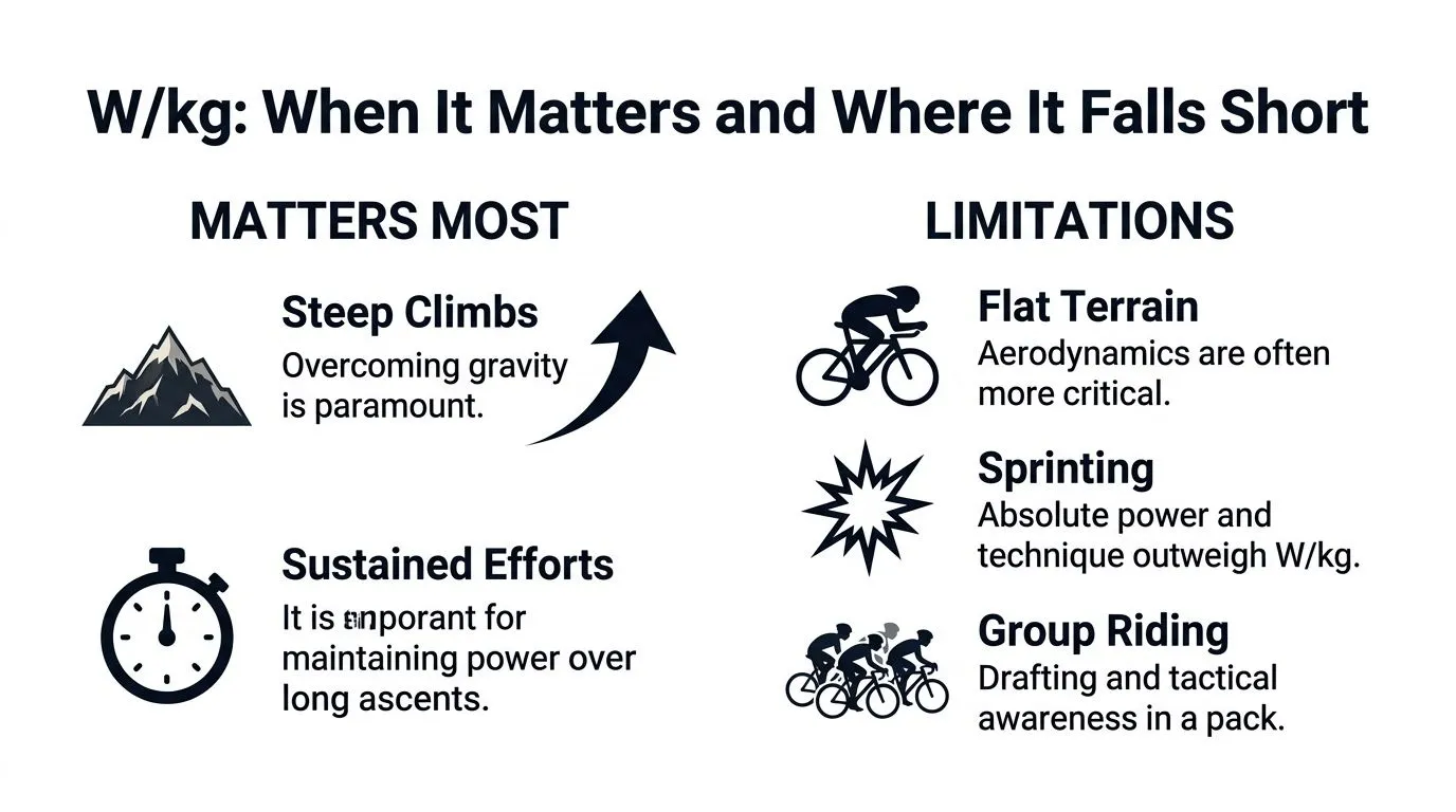 An infographic titled W/kg: When It Matters and Where It Falls Short, illustrating cycling performance factors.