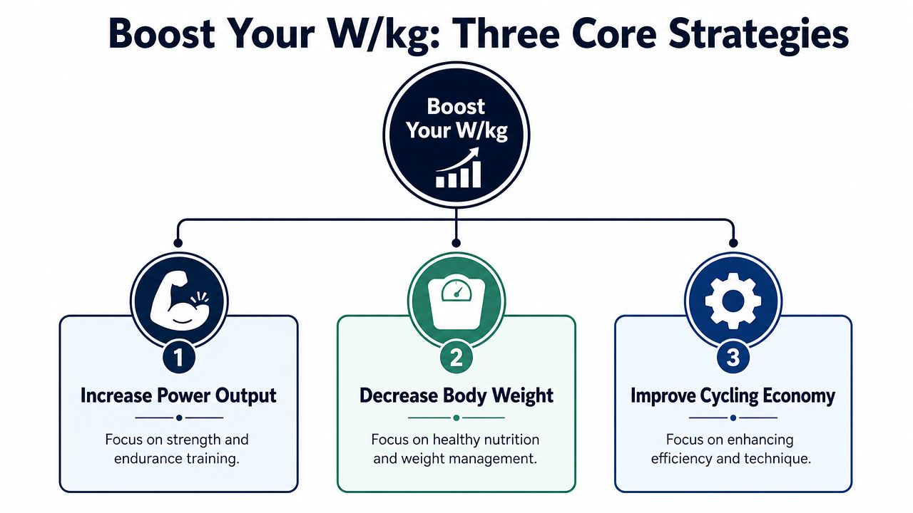 A diagram outlining three core strategies to improve cycling power-to-weight ratio including training, nutrition, and efficiency.