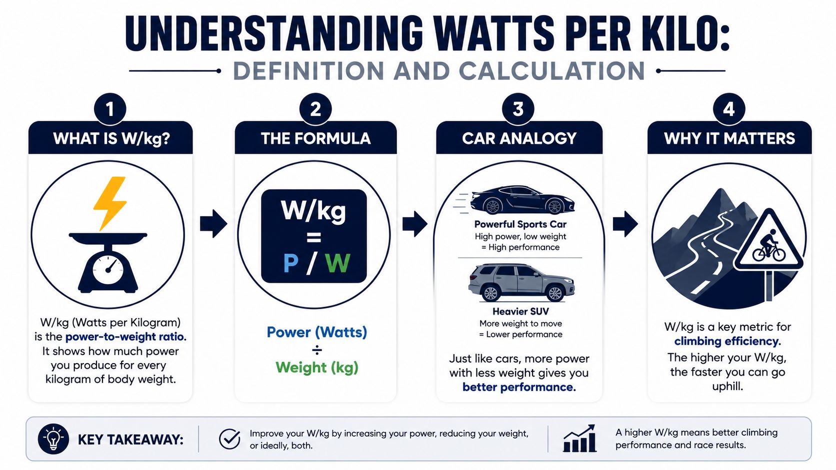 An infographic explaining the concept of watts per kilogram as a power-to-weight ratio for cyclists.