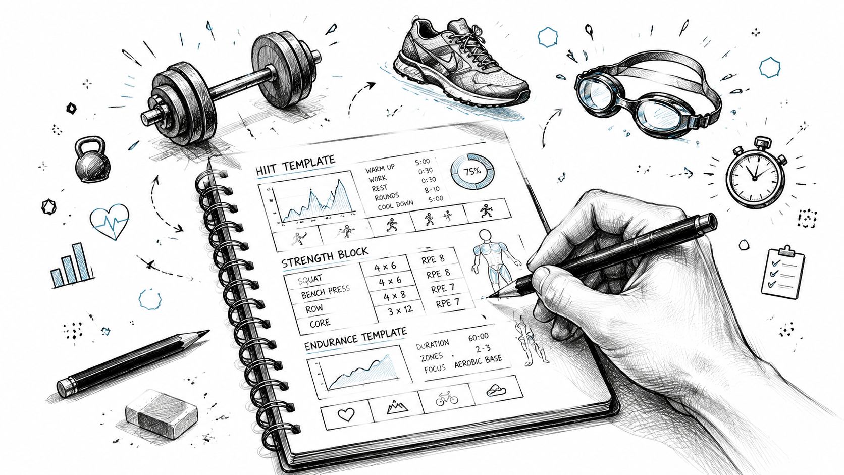 A hand writes a fitness routine in a notebook surrounded by sketches of workout equipment and icons.