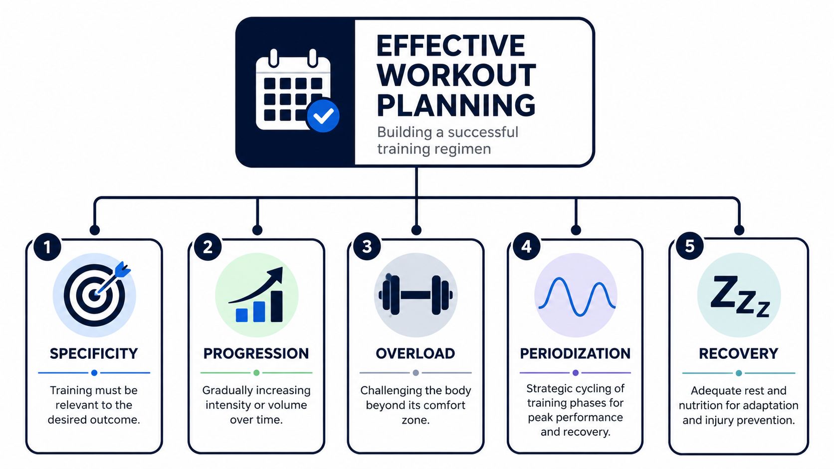 An infographic showing five key principles for effective workout planning: specificity, progression, overload, periodization, and recovery.