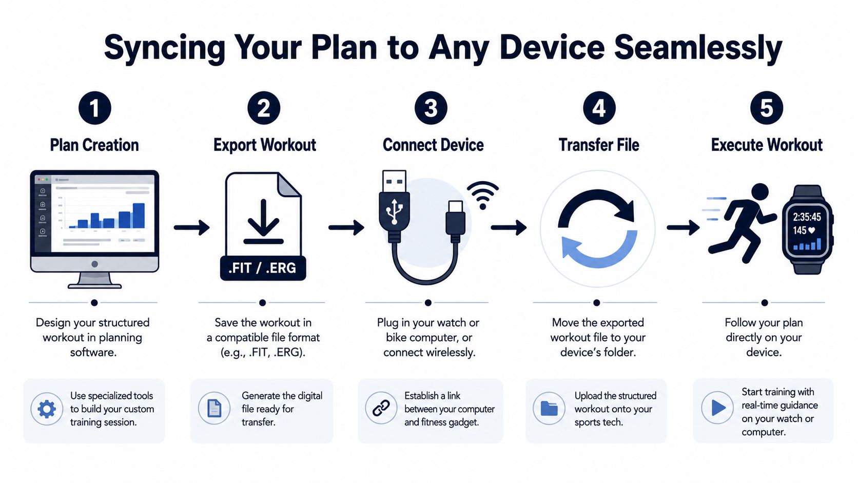 A five-step infographic illustration showing how to sync a digital workout plan to a fitness device.