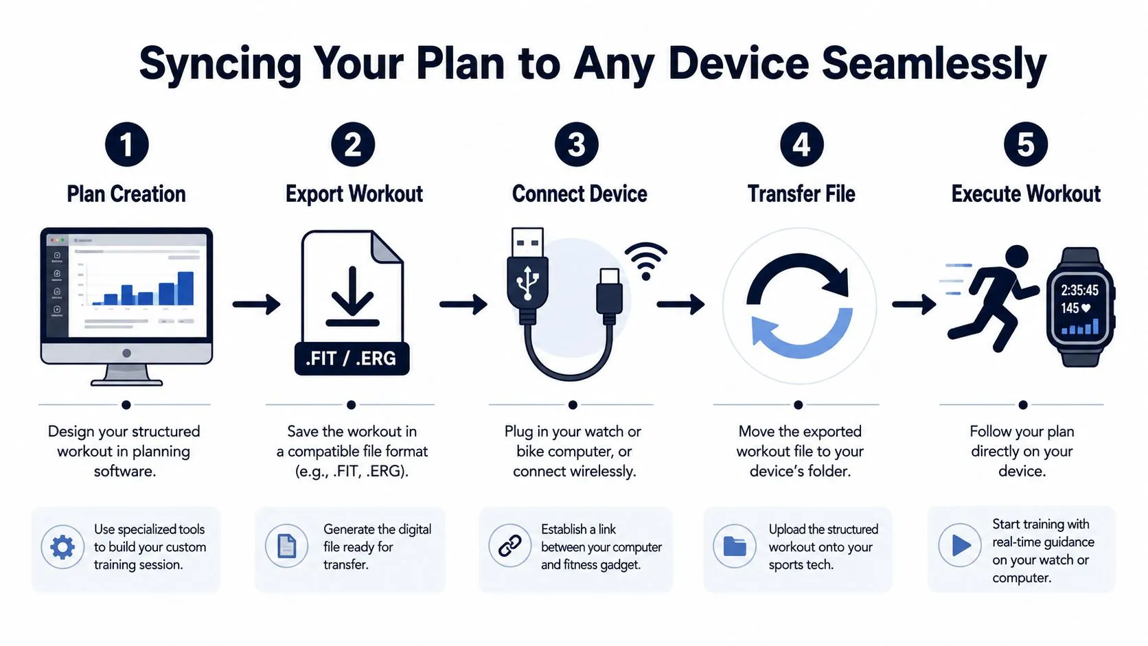 A five-step infographic illustration showing how to sync a digital workout plan to a fitness device.