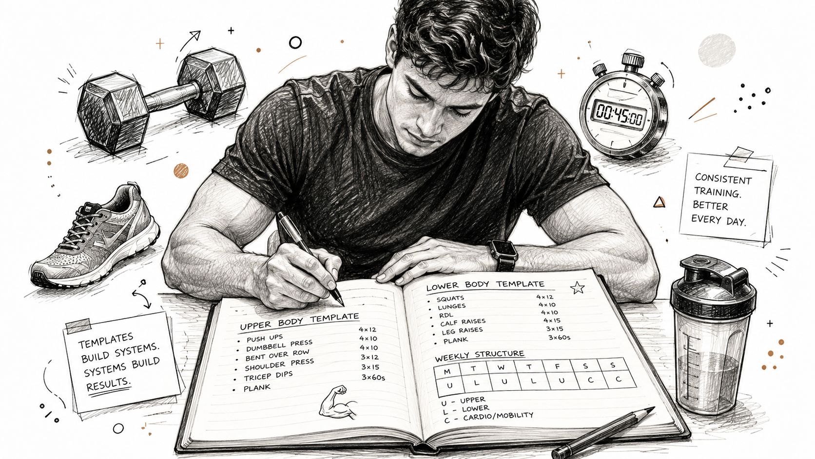 A man sketching a structured workout plan for his weekly exercise routine in an open notebook.