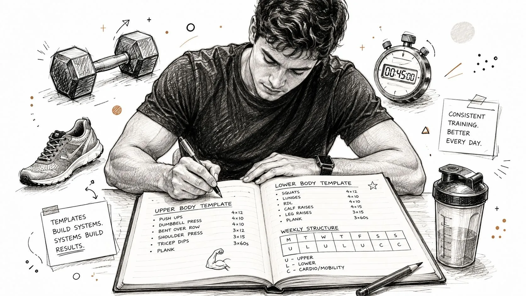 A man sketching a structured workout plan for his weekly exercise routine in an open notebook.