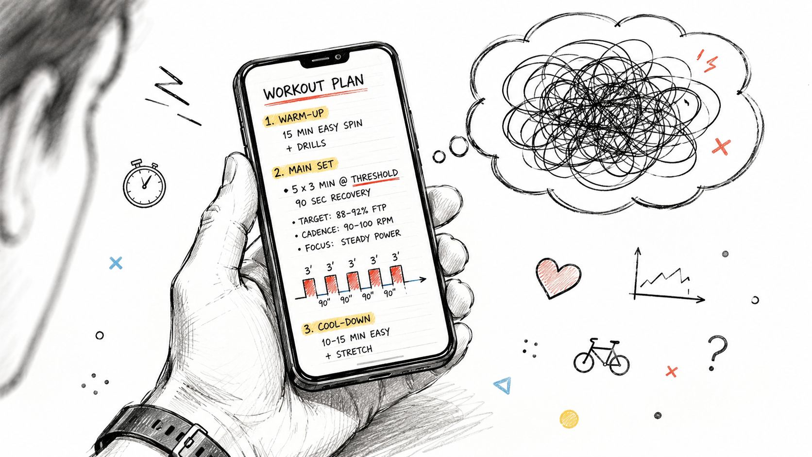 A hand holds a smartphone displaying a detailed cycling workout plan, illustrating focus and mental organization.