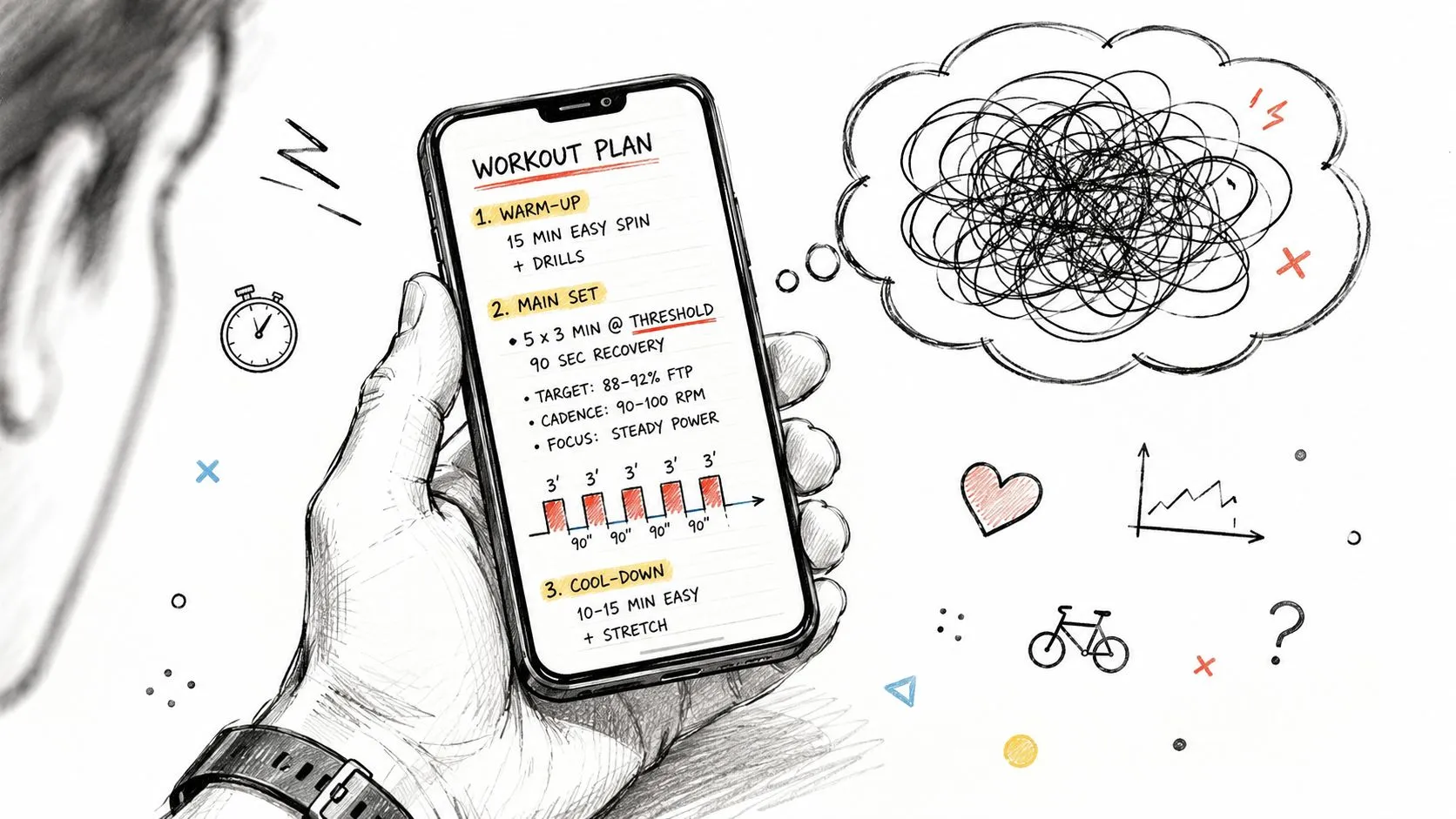 A hand holds a smartphone displaying a detailed cycling workout plan, illustrating focus and mental organization.