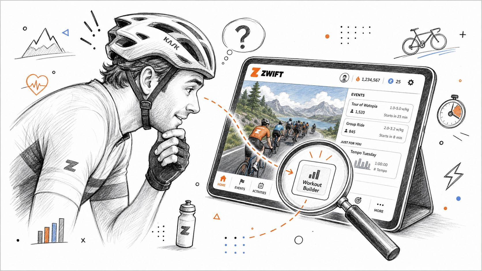 A pencil sketch of a cyclist looking at a tablet screen displaying the Zwift workout builder app.