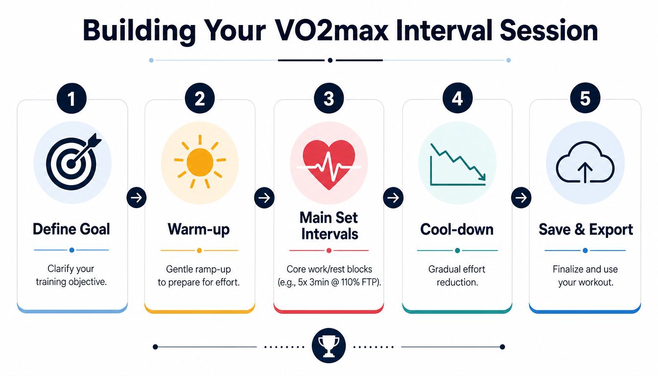 A five-step infographic showing how to build a VO2max interval workout for cycling or running.