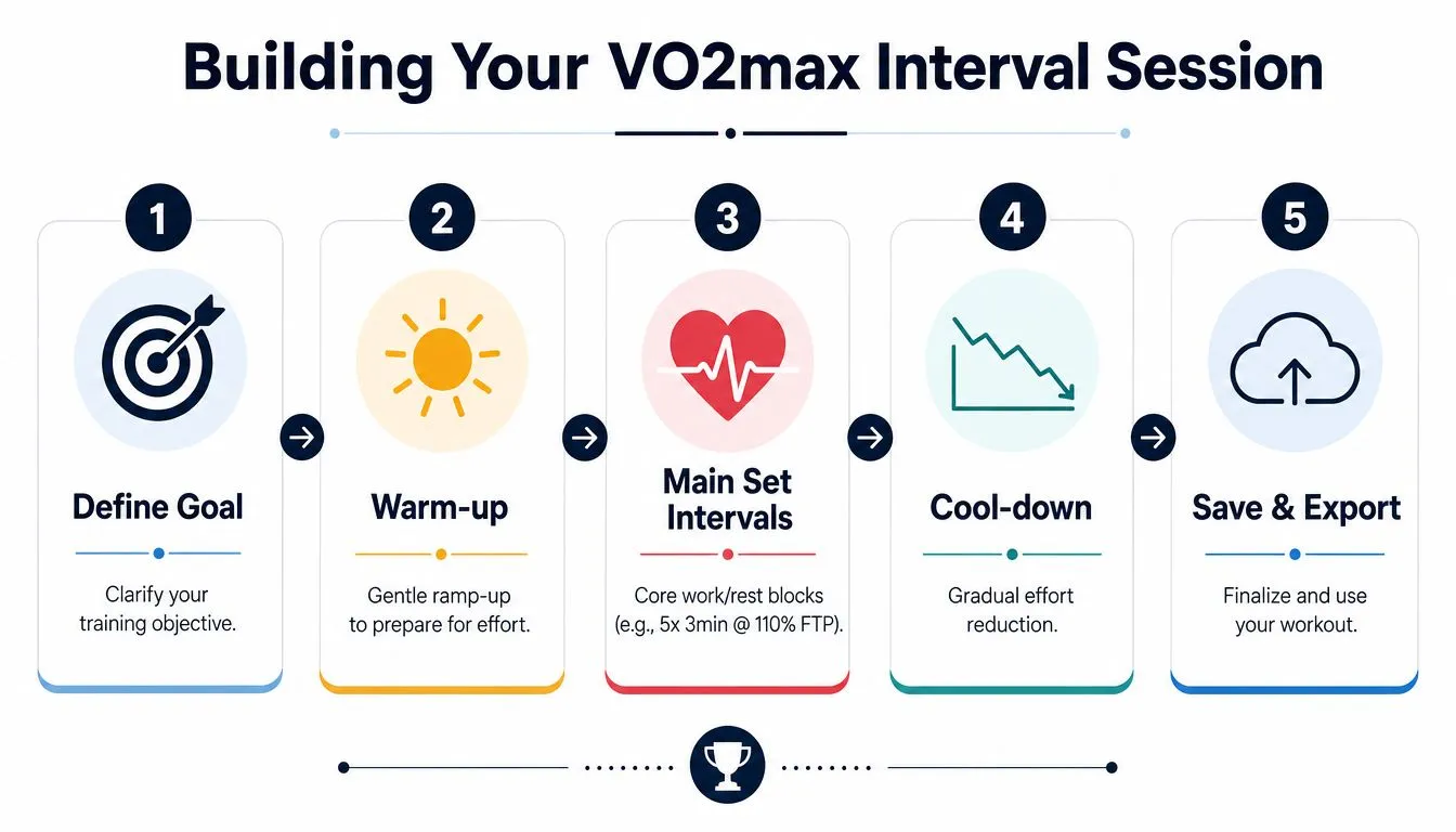 A five-step infographic showing how to build a VO2max interval workout for cycling or running.